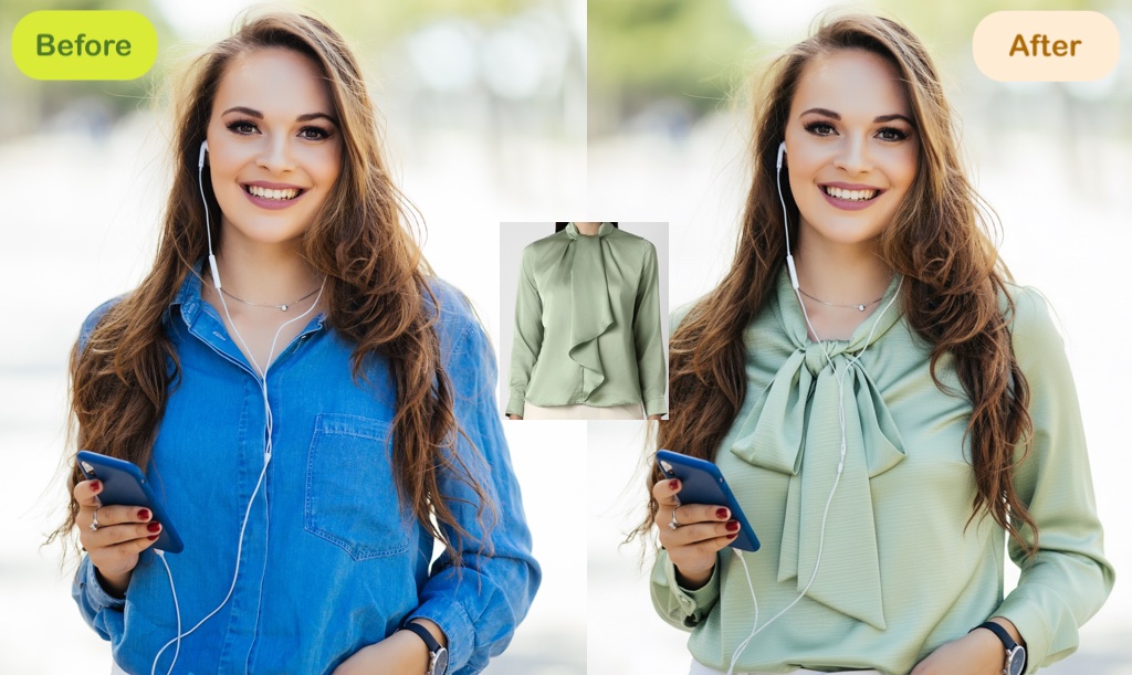 person comparing real photo vs AI try-on result split screen fashion technology